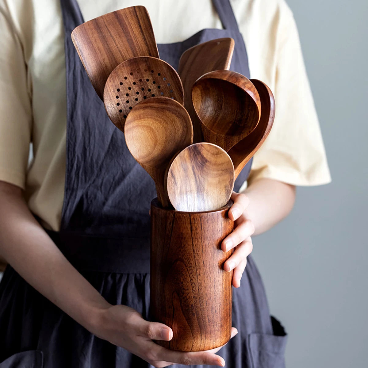 8 Piece Natural Teak Wooden Kitchen Utensil Set