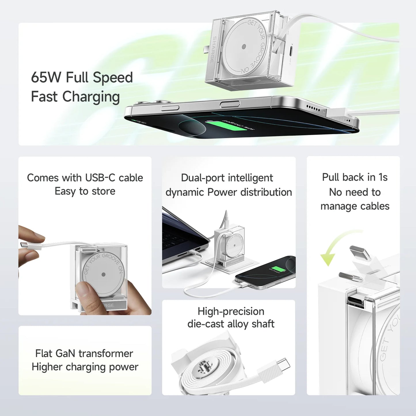 SHARGE Retractable 65W USB C Charger