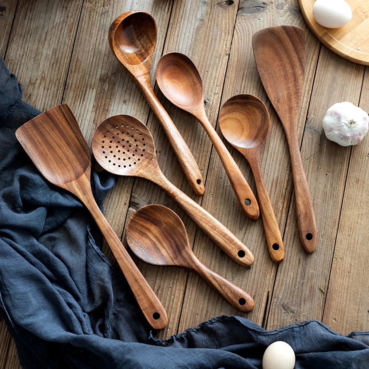 8 Piece Natural Teak Wooden Kitchen Utensil Set