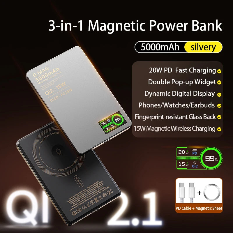 CrownQu E16 Qi 2.1 Magnetic Power Bank: 3-in-1 Wireless Fast Charging