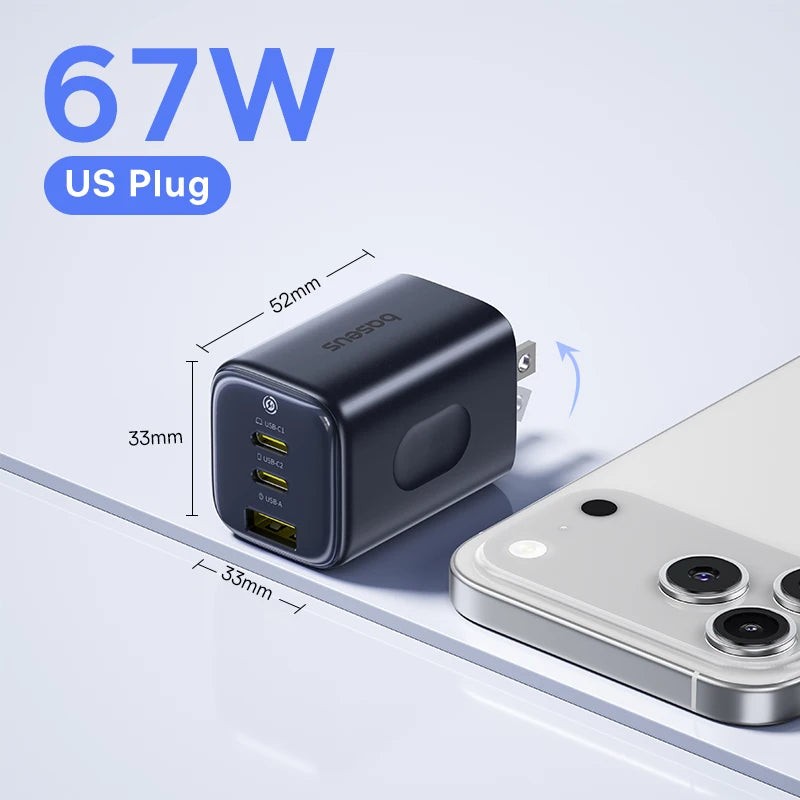 Baseus Picogo 67W GaN Charger: Ultra-Compact 3-Port Fast Charger for iPhone & Laptop