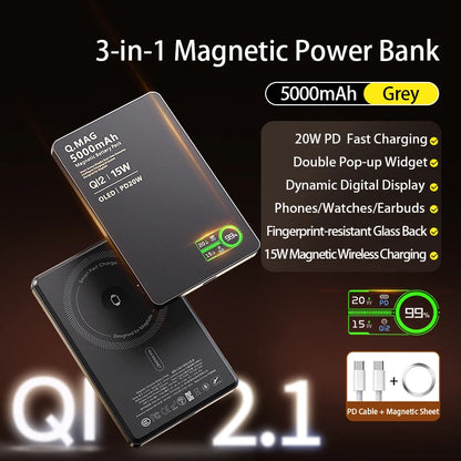CrownQu E16 Qi 2.1 Magnetic Power Bank: 3-in-1 Wireless Fast Charging