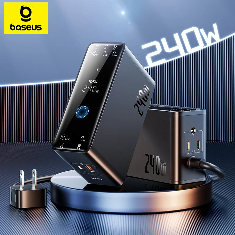 Baseus 240W Digital GaN Desktop Charger: 5-in-1 DC & USB-C Fast Charging Hub