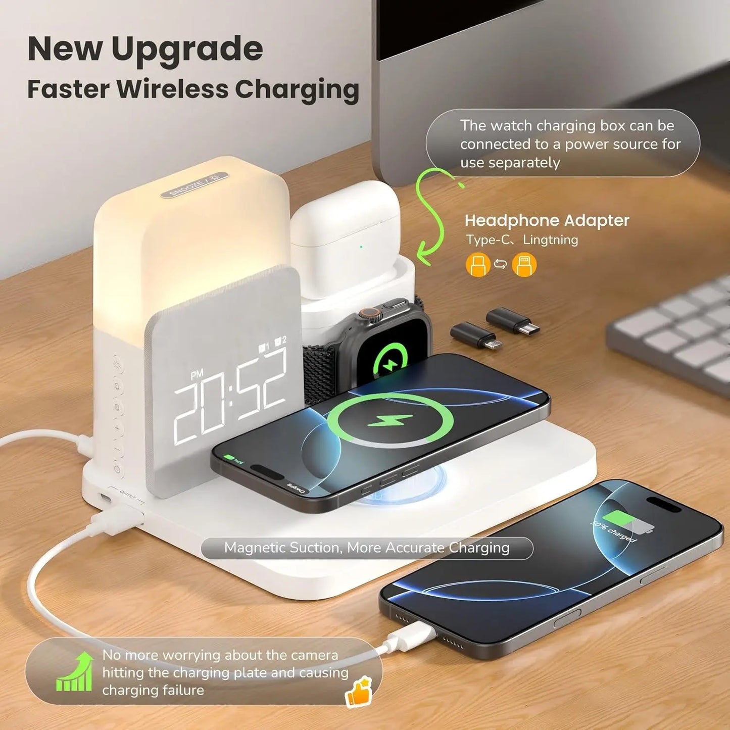 7-in-1 MagSafe Charging Station: Wireless Charger with Alarm Clock and Night Light
