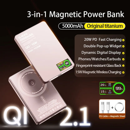CrownQu E16 Qi 2.1 Magnetic Power Bank: 3-in-1 Wireless Fast Charging