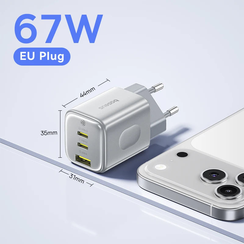 Baseus Picogo 67W GaN Charger: Ultra-Compact 3-Port Fast Charger for iPhone & Laptop