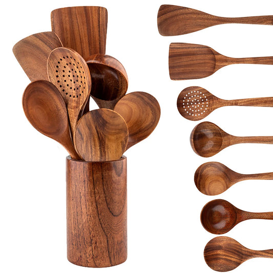 8 Piece Natural Teak Wooden Kitchen Utensil Set