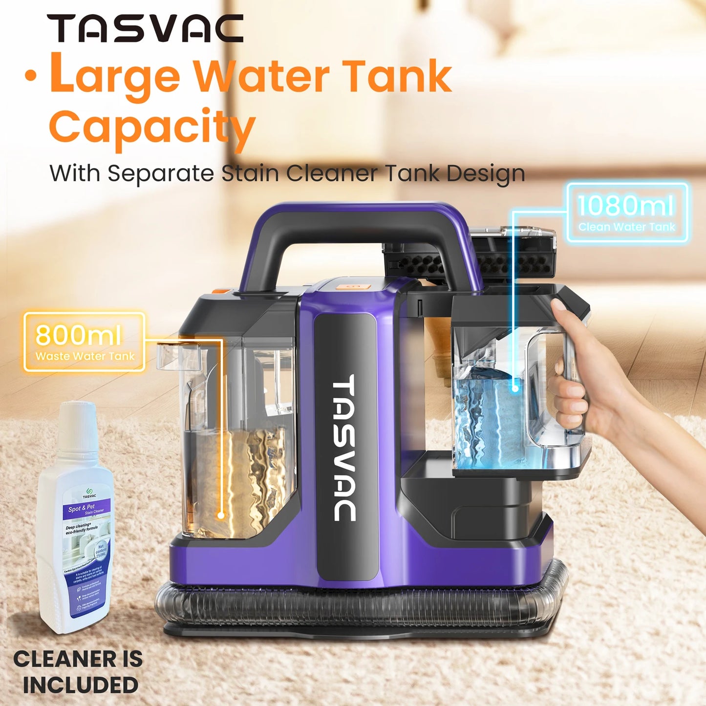 TASVAC C7 Portable Carpet and Upholstery Cleaner: 15000Pa High-Suction Spot Cleaner