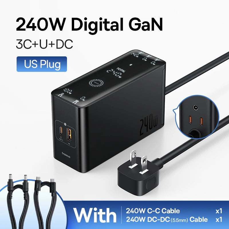 Baseus 240W Digital GaN Desktop Charger: 5-in-1 DC & USB-C Fast Charging Hub