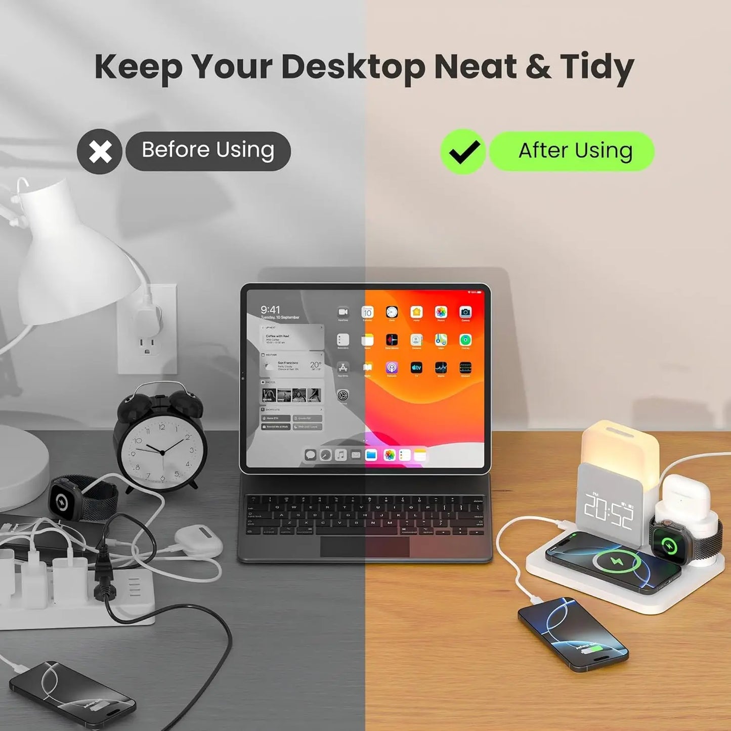 7-in-1 MagSafe Charging Station: Wireless Charger with Alarm Clock and Night Light