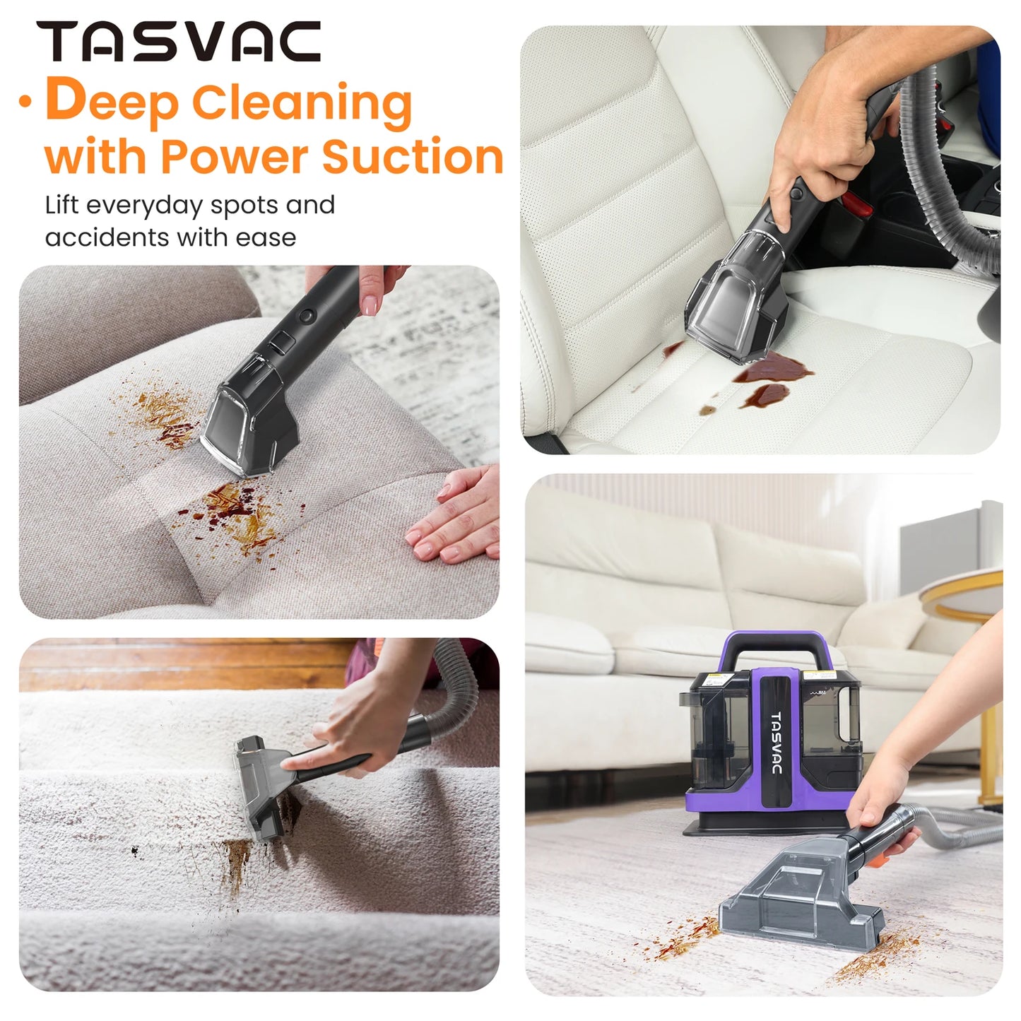 TASVAC C7 Portable Carpet and Upholstery Cleaner: 15000Pa High-Suction Spot Cleaner