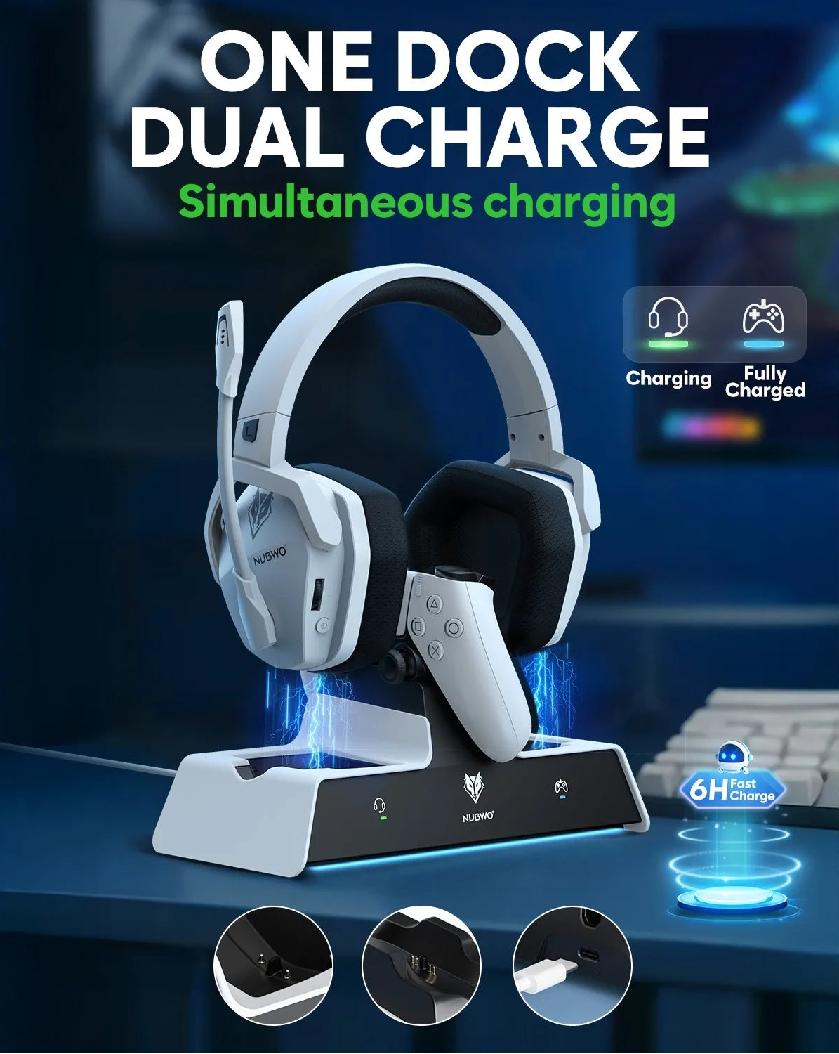 NUBWO G06 Wireless Gaming Headset with Dual Charging Station