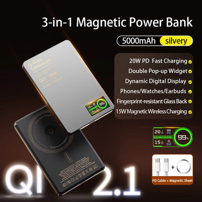 CrownQu E16 Qi 2.1 Magnetic Power Bank: 3-in-1 Wireless Fast Charging