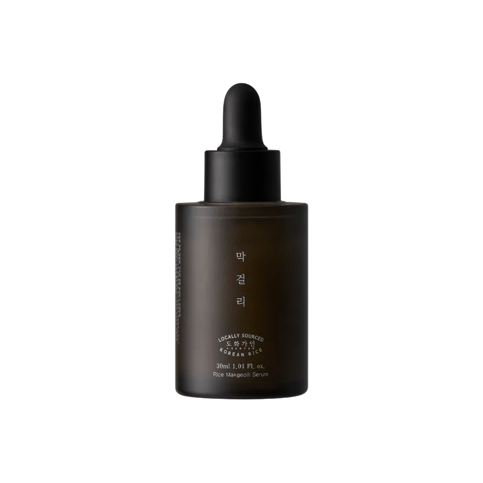 A dark brown glass dropper bottle of Rice Margolli Serum with a black cap, centered on a light gray background.