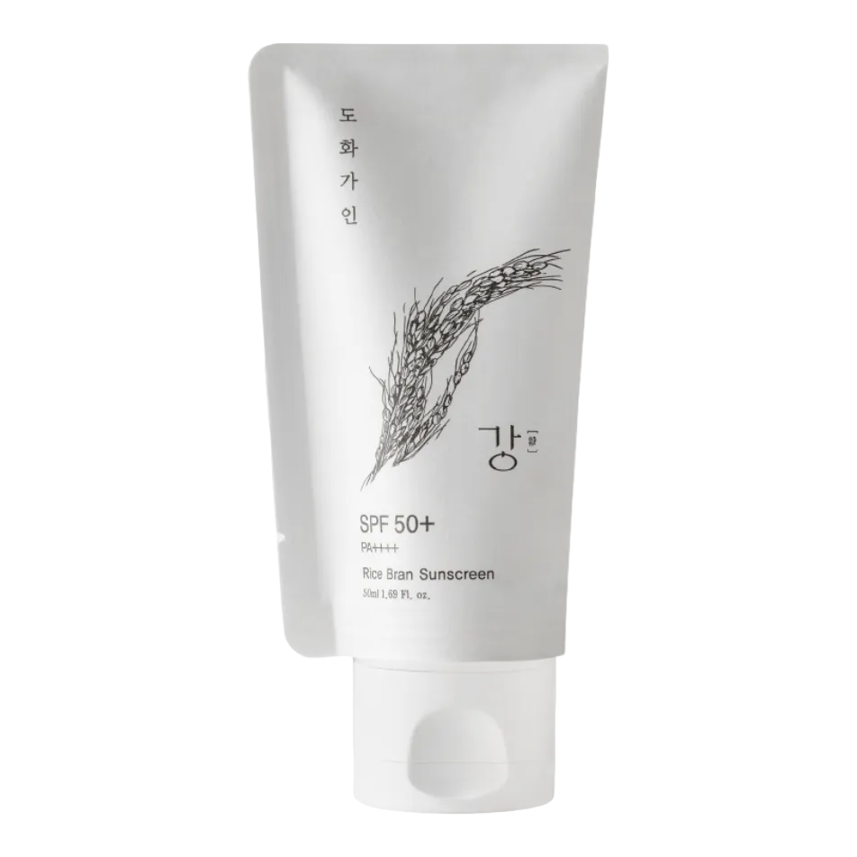 Tube of rice bran sunscreen with brand logo on a white background